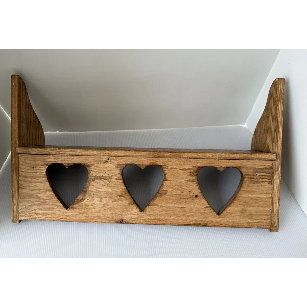 VTG Wood Wall Shelf Heart Cut Out Trinket Display 21” Handmade Cottage Farmhouse